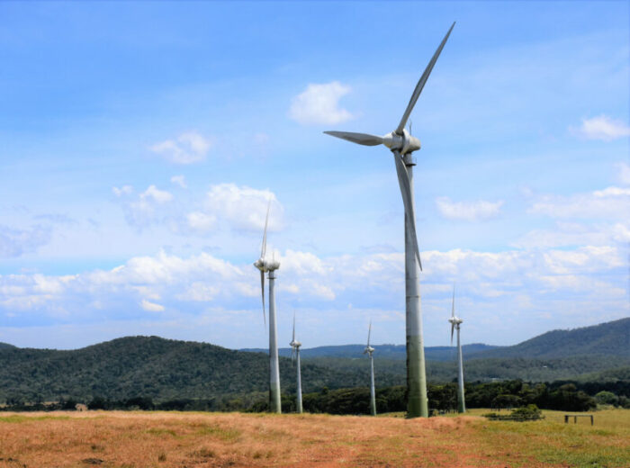 Wind turbines.