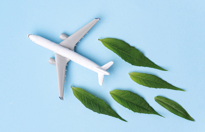 Sustainable Aviation Fuel. White airplane model, fresh green leaves on blue background. Clean and Green energy, Biofuel for aviation industry.