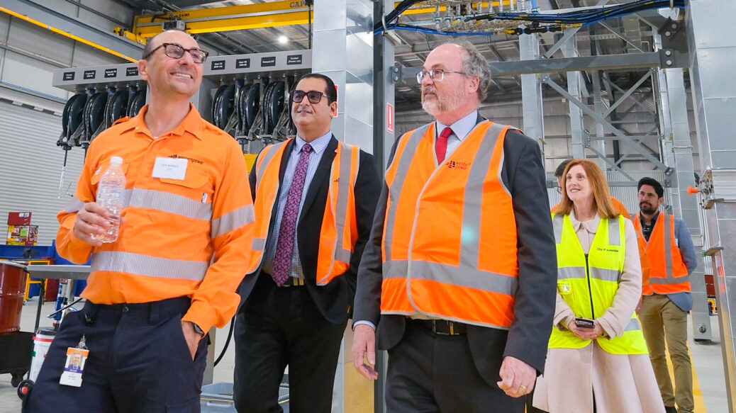 Touring the new Fleet Workshop at South Metro Depot (L to R): Western Power CEO, Sam Barbaro, Member for Jandakot Yaz Mubarakai MLA, Energy Minister, Bill Johnston, City of Armadale Mayor, Cr Ruth Butterfield.